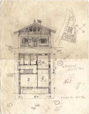 Thiersch, August ; Wohnhausentwürfe A - G - Wohnhausentwurf G (Lageplan, Grundriss Ansicht)