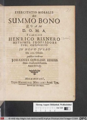 Exercitatio Moralis De Summo Bono