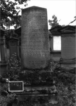 Grabstein 1192 (Index: 100104348) Material: Sandstein Zustand: leicht angewittert bis gut erhalten Maße HxBxT: 200x55x30 cm Beschreibung: obeliskenartige Stele: Grabstein 1192