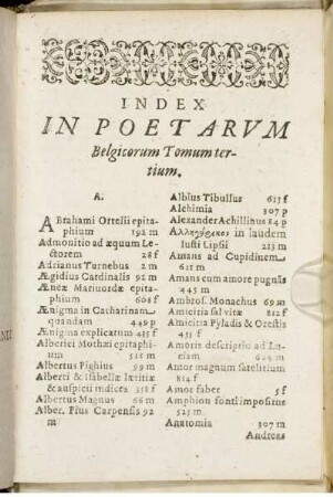 Index In Poetarum Belgicorum Tomum tertium.