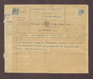Telegramm mit Wünsche zu einer baldigen Genesung von Eugenio Pacelli [Pius XII.]an Constantin Fehrenbach