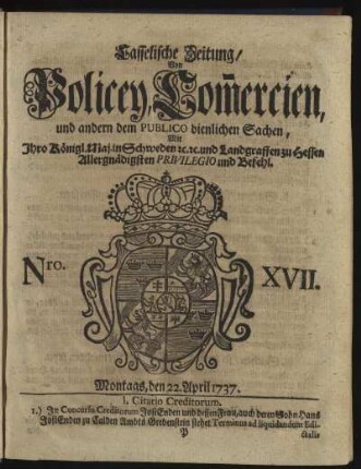 Nro. XVII, Montags, den 22. April 1737