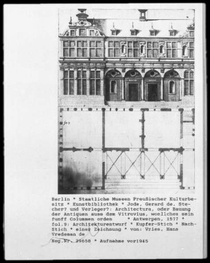 Architectura, oder Bauung der Antiquen auss dem Vitruvius, woellches sein funff Colummen orden ... — fol.9: Architekturentwurf