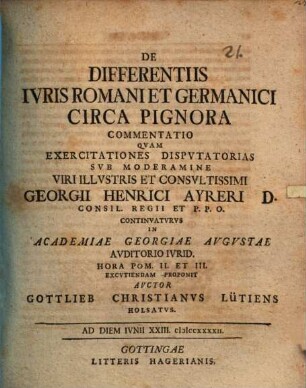 De differentiis iuris Romani et Germanici circa pignora commentatio