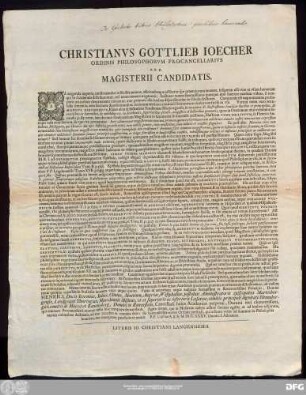 Christianvs Gottlieb Ioecher Ordinis Philosophorvm Procancellarivs S.P.D. Magisterii Candidatis ... : P.P. Lipsiae A.R.S. MDCCXXXV. Domin. I. Aduentus