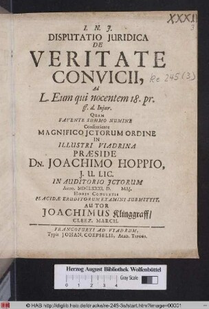Disputatio Iuridica De Veritate Convicii : Ad L. Eum qui nocentem 18. pr. ff. d. Iniur.