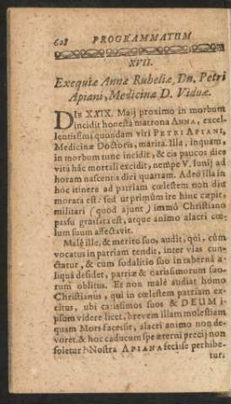 XVII. Exequiae Annae Rubeliae, Dn. Petri Apiani, Medicinae D. Viduae.