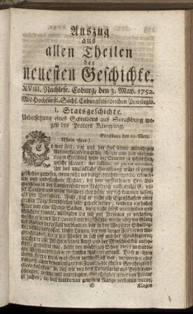 XVIII. Nachlese. Coburg, den 3. May. 1752.