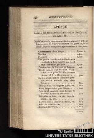 Apercu, remis a son exellence le ministre de l'interieur en avril 1811