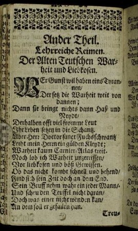 Ander Theil. Lehrreiche Reimen. Der Alten Teutschen Warheit und Liebkosen.