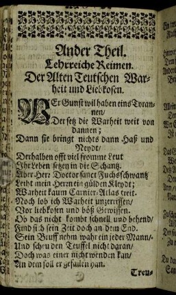 Ander Theil. Lehrreiche Reimen. Der Alten Teutschen Warheit und Liebkosen.