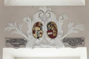 Wappenpaare in Kartuschen — Wappen des Grafen Konrad zu Solms-Braunfels (1540-1592) und seiner Ehefrau Elisabeth von Nassau-Dillenburg