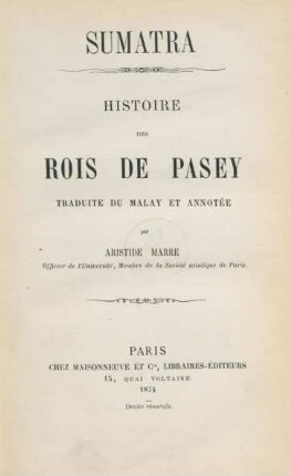 Sumatra : histoire des Rois de Pasey