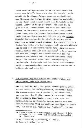 2. Die Entwicklung der kurzen Freiheitsstrafen und der Geldstrafen seit dem Jahre 1882