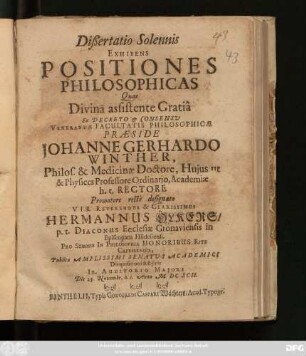 Dißertatio Solennis Exhibens Positiones Philosophicas