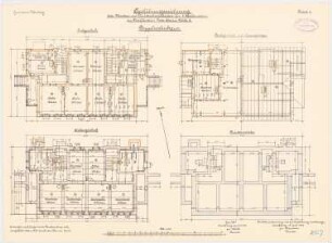 Garnison, Mutzig Wohnhäuser für drei Wallmeister: Doppelwohnhaus: Grundriss Fundamente, Keller, Erdgeschoss, Dachgeschoss mit Sparrenlage 1:100