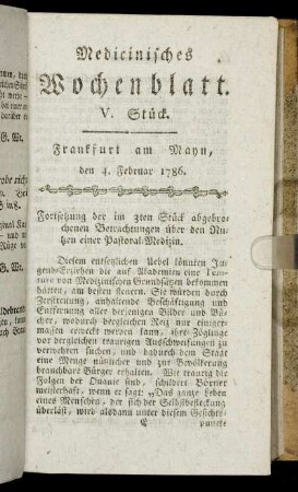V. Stück. Frankfurt am Mayn, den 4. Februar 1786. - VIII. Stück. Frankfurt am Mayn, den 25. Februar 1786.