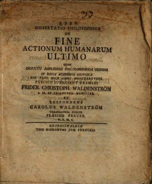 Diss. de fine actionum humanarum ultimo