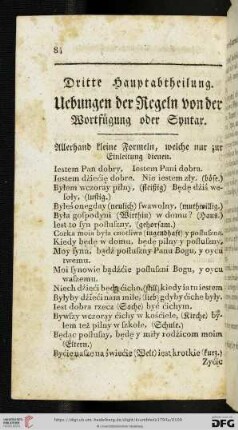 Dritte Hauptabtheilung: Uebung der Regeln von der Wortfügung oder Syntax