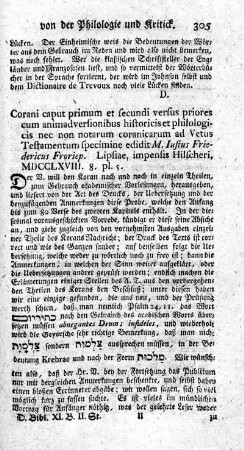 Corani caput primum et secundi versus priores cum animadversionibus historicis et philologicis nec non notarum coranicarum ad Vetus Testamentum specimine.
