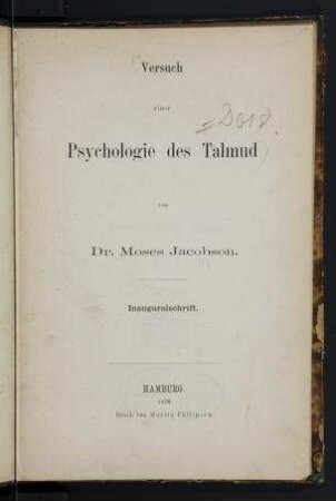 Versuch einer Psychologie des Talmud / von Moses Jacobson