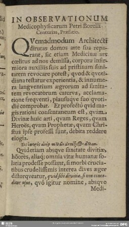 In Observationum Medicophsyicarum Petri Borelli Centurias, Praefatio