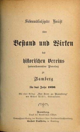 Bericht über Bestand und Wirken des Historischen Vereins zu Bamberg. 57.1896