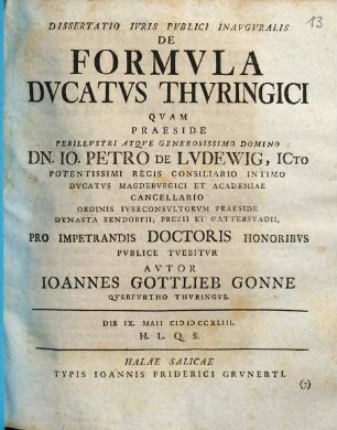 Dissertatio Ivris Pvblici Inavgvralis De Formvla Dvcatvs Thvringici