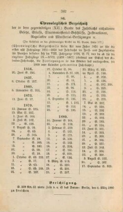 Chronologisches Verzeichniß der in dem gegenwärtigen (XII.) Bande des Jahrbuchs enthaltenen Gesetze, Erlasse, ...