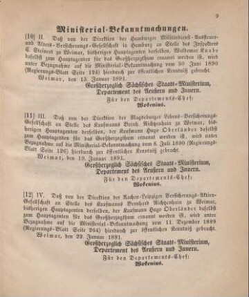 12. Ministerial-Bekanntmachung, den Wechsel in der Hauptagentur der Aachen-Leipziger Versicherungs-Aktien-Gesellschaft betreffend