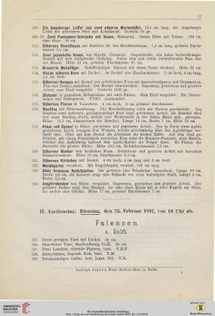 II. Auctionstag: Dienstag, den 23. Februar 1892, von 10 Uhr ab (Nr.125-258)