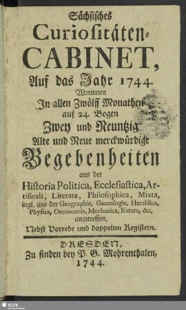 1744: Historische alte und neue Curiosa Saxonica