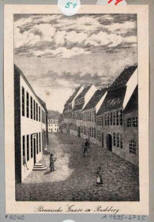 Die Pirnaische Gasse in Radeberg bei Dresden, Blick nach Nordosten in Richtung Marktplatz, Blatt Teil einer Serie von Renner und Ketzschau