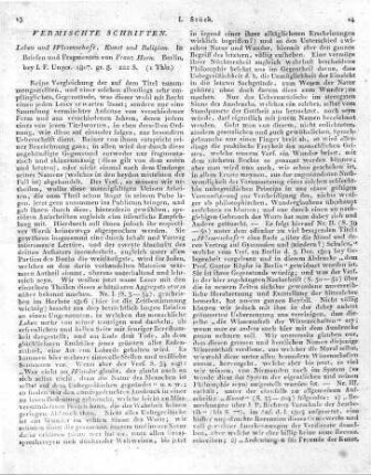 Leben und Wissenschaft, Kunst und Religion. In Briefen und Fragmenten von Franz Horn. Berlin, bey I. F. Unger. 1807. gr. 8. 222 S.
