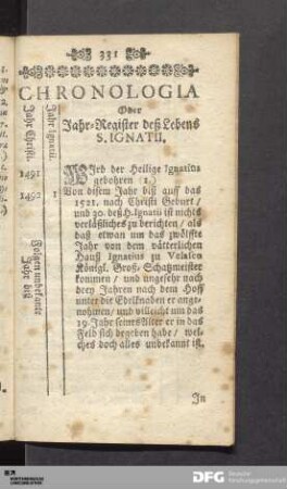 CHRONOLOGIA Oder Jahr-Register deß Lebens S. IGNATII.