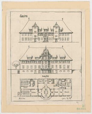 Fischer, Theodor; Lindenberg / Allgäu (Bayern); Haushaltungsschule mit Ökonomiegebäude und Kapelle - Grundriss EG, Ansichten