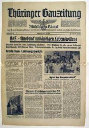 Regionale Tageszeitung der NSDAP "Thüringer Gauzeitung" u.a. zur Reichstagung der NS-Gemeinschaft "Kraft durch Freude"