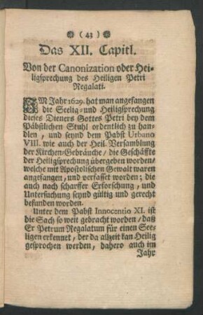 Das XII. Capitl. Von der Canonization oder Heiligsprechung des Heiligen Petri Regalati