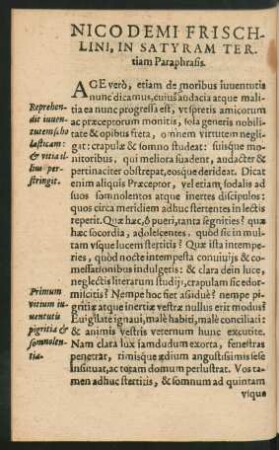 Nicodemi Frischlini, In Satyram Tertiam Paraphrasis.