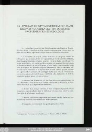 La Littérature Ottomane Des Musulmans Des Pays Yougoslaves: Sur Quelques Problèmes De Méthodologie