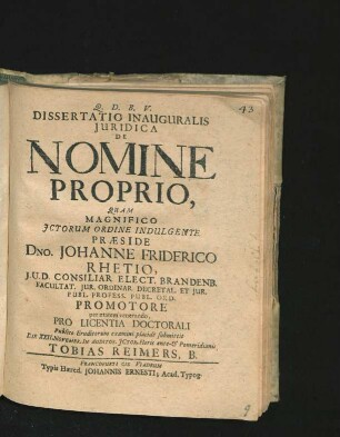 Dissertatio Inauguralis Iuridica De Nomine Proprio