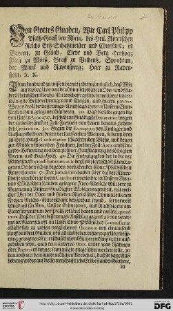 Von Gottes Gnaden, Wir Carl Philipp Pfaltz-Graff bey Rhein,[…]