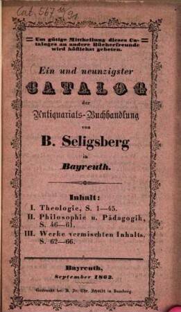 Catalog der Antiquariats-Buchhandlung von B. Seligsberg in Bayreuth. 91. 1862