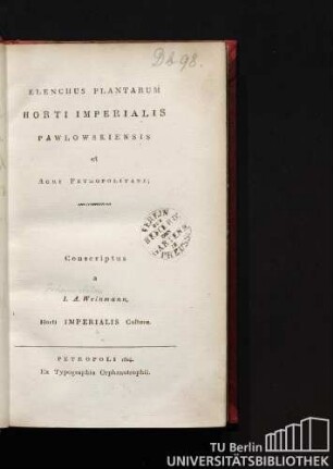 Elenchus plantarum horti imperialis Pawlowskiensis et agri Petropolitani
