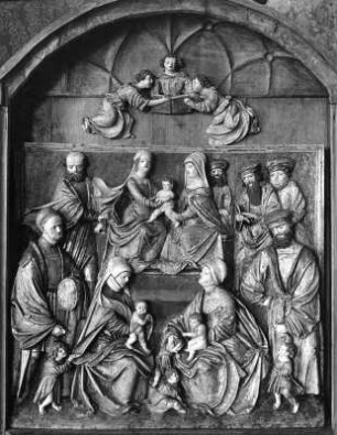 Schnitzaltar aus Sankt Georg mit Heiliger Sippe : Schnitzaltar aus Sankt Georg mit Heiliger Sippe. Holz, geschnitzt (um 1525/1530). Bildfeld mit Heiliger Familie. Klagenfurt: Bischöfliches Diözesanmuseum Klagenfurt