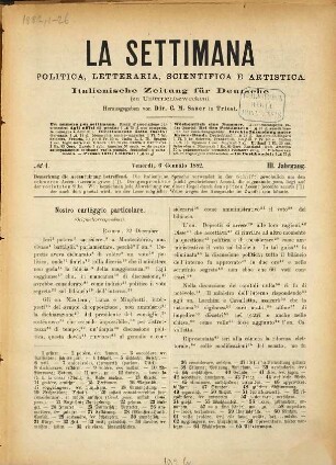 La settimana politica, letteraria, scientifica e artistica : italien. Zeitung für Deutsche (zu Unterrichts- u. Bildungszwecken). 3. 1882