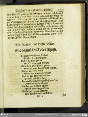 Der Hundert und Eilffte Psalm. Gedächtniß des Todes Christi