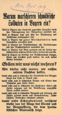 "Warum marschieren schwäbische Soldaten in Bayern ein?" Flugblatt