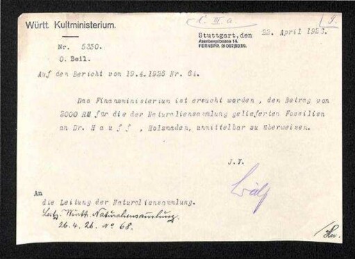 Zahlung  für von Hauff gelieferte Fossilien