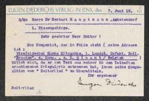 Brief von Eugen Diederichs von Eugen-Diederichs-Verlag  an Gerhart Hauptmann